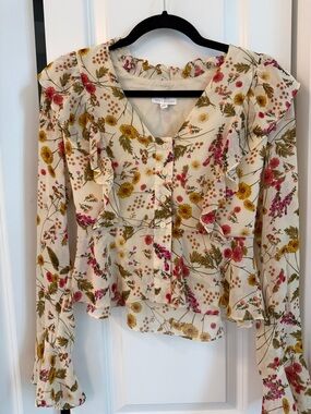 Lost + Wander Cream Floral Ruffle Button-Front Blouse